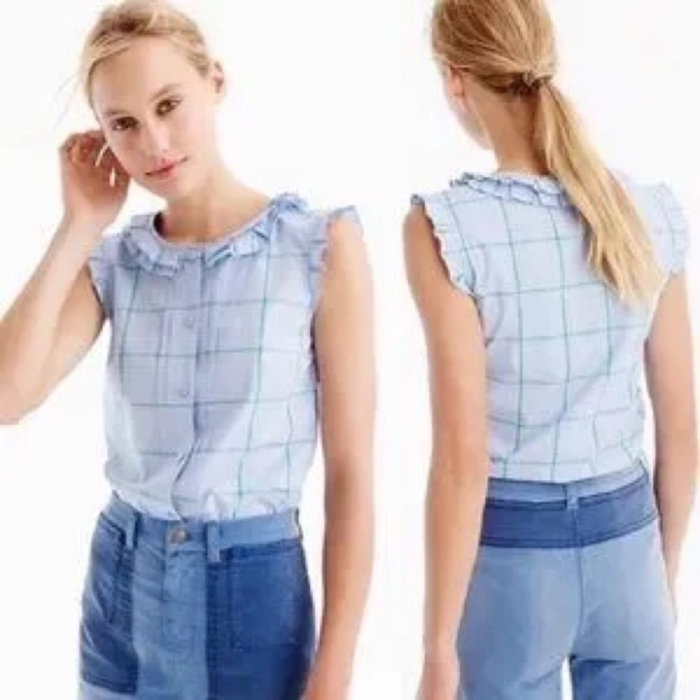 J.‎ Crew Ruffle Button Down Shirt Windowpane Plaid 100% cotton blue green size 2 - Picture 2 of 9